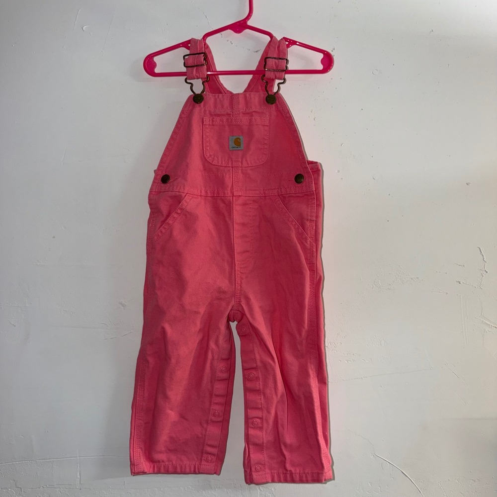 Carhartt Girls Pink Canvas Bib Overalls Heart Buttons Snap Inseam Toddler 2T